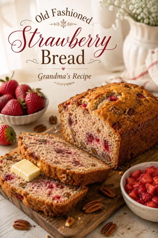 Old fashioned strawberry bread with sliced bread, strawberries, pecans, and decorative recipe text.