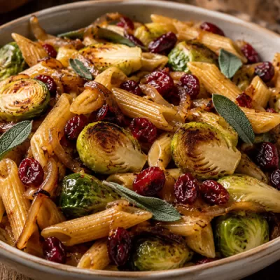 Penne pasta with Brussels sprouts, dried cranberries, caramelized onions, and fresh sage in a shallow bowl.