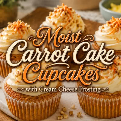 Carrot cake cupcakes topped with cream cheese frosting, shredded carrots, and chopped nuts.