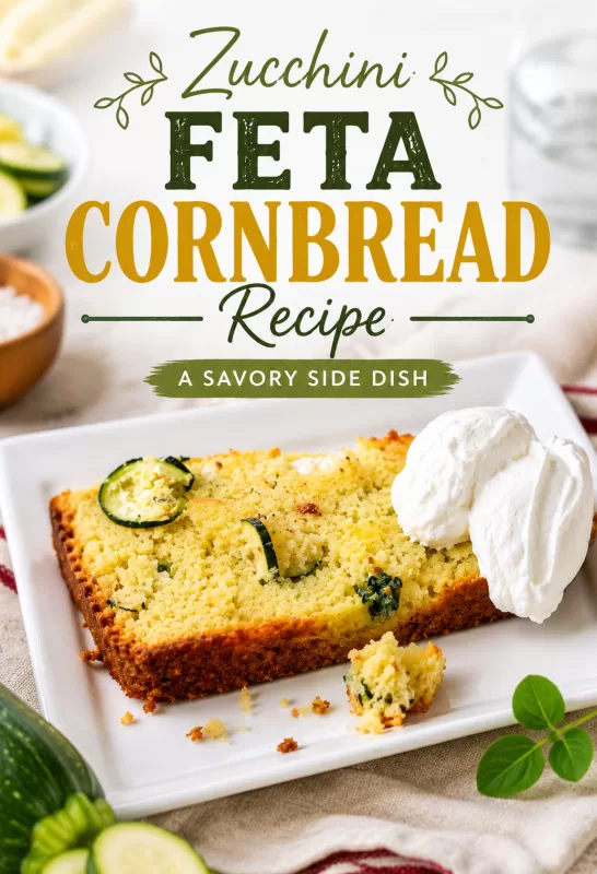 Pinterest image for zucchini feta cornbread recipe with savory cornbread slice, zucchini, feta, and recipe title text.