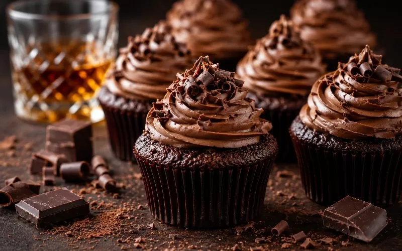 Boozy bourbon chocolate cupcakes with rich chocolate frosting and chocolate curls styled beside bourbon and chocolate chunks on a dark rustic surface.