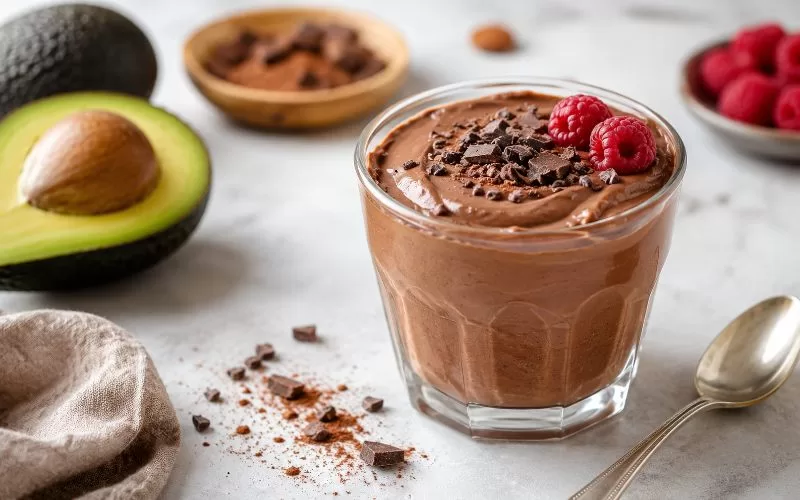 Creamy chocolate avocado mousse topped with raspberries and chocolate shavings beside fresh avocado and cacao ingredients.