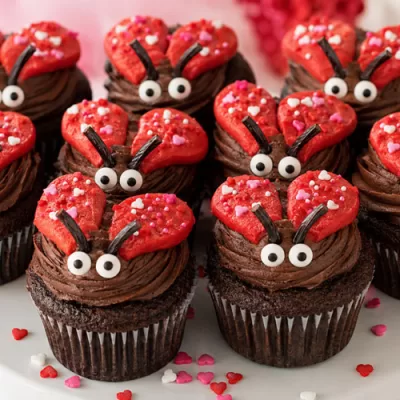 Valentine’s Day chocolate love bug cupcakes with chocolate frosting, candy eyes, red heart wings, and festive sprinkles on a white cake stand.