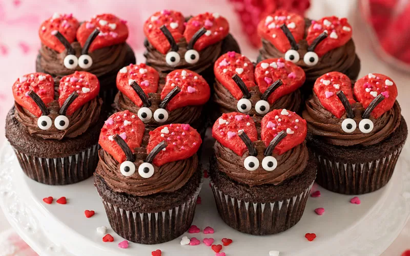 Valentine’s Day chocolate love bug cupcakes with chocolate frosting, candy eyes, red heart wings, and festive sprinkles on a white cake stand.