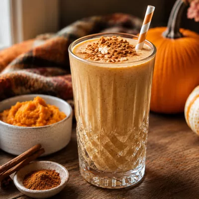 Creamy pumpkin pie smoothie in a decorative crystal glass topped with cinnamon and graham cracker crumbs surrounded by cozy fall decor and pumpkins.
