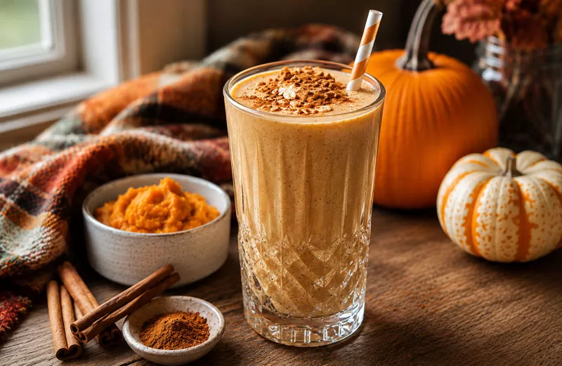 Creamy pumpkin pie smoothie in a decorative crystal glass topped with cinnamon and graham cracker crumbs surrounded by cozy fall decor and pumpkins.