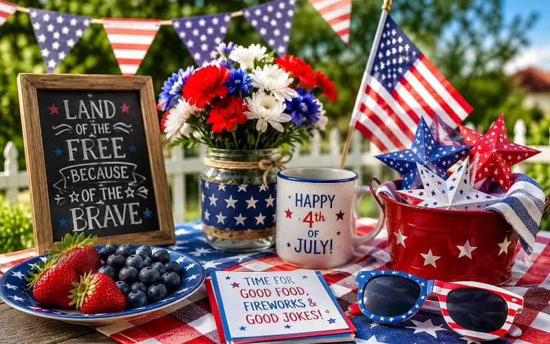 Patriotic Fourth of July picnic table decorated with American flags, red, white, and blue flowers, watermelon, sunglasses, and festive party decorations.