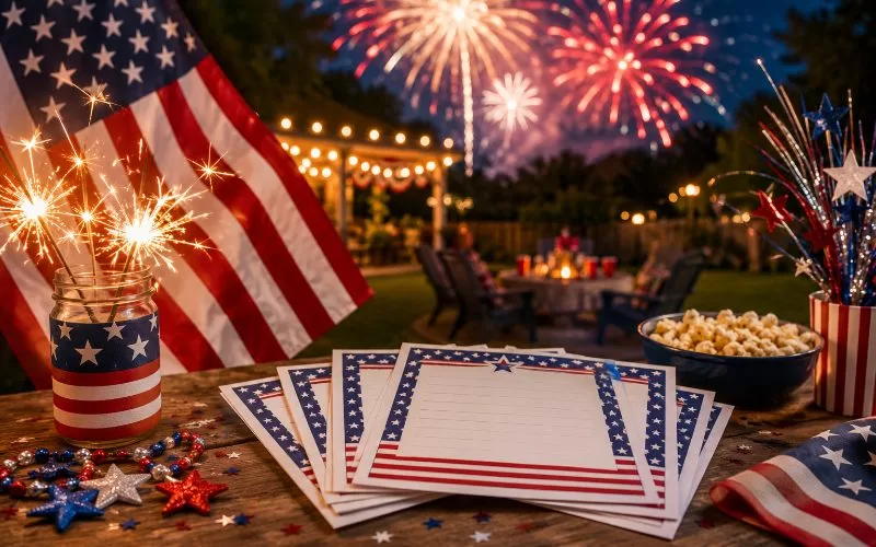 Festive 4th of July backyard party scene with an American flag, sparklers, fireworks in the night sky, and patriotic trivia sheets on a wooden table.