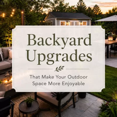Backyard with seating, dining, a fire pit, landscaping, and a shed