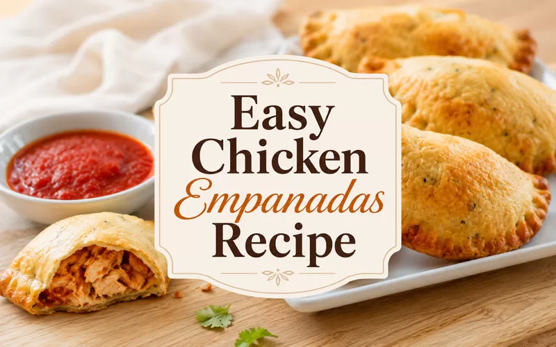 Easy Chicken Empanadas Recipe title graphic over golden chicken empanadas with red dipping sauce and chicken filling.