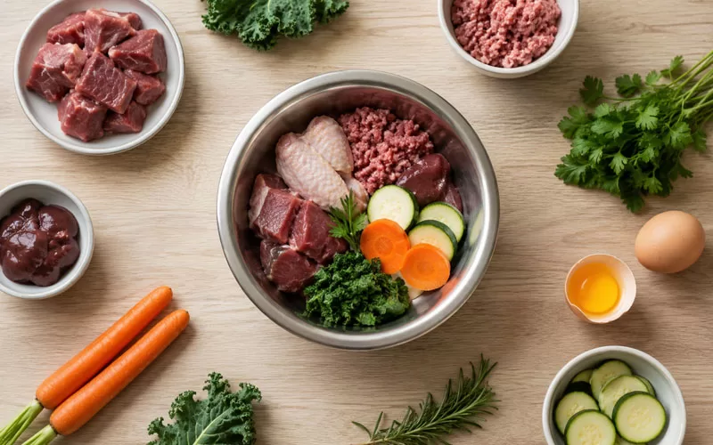Overhead display of raw meat, vegetables, herbs, eggs, and a stainless-steel dog bowl