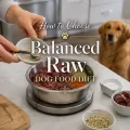 Preparing a balanced raw dog food meal while a dog waits in the kitchen