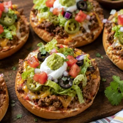 Loaded taco pizzas topped with seasoned beef, melted cheese, lettuce, tomatoes, jalapeños, olives, sour cream, and guacamole