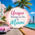 Featured image for unique things to do in Miami with Art Deco buildings, palm trees, turquoise water, skyline views, and a pink vintage convertible.