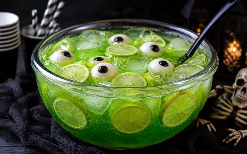 Spooky green witches brew Halloween punch in a glass bowl with floating eyeball candies, lime slices, ice cubes, and Halloween decorations on a dark table.
