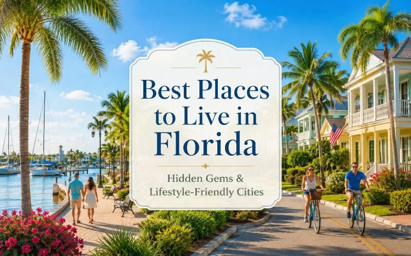 Featured image for best places to live in Florida showing palm trees, coastal homes, a marina, cyclists, and a centered title graphic.