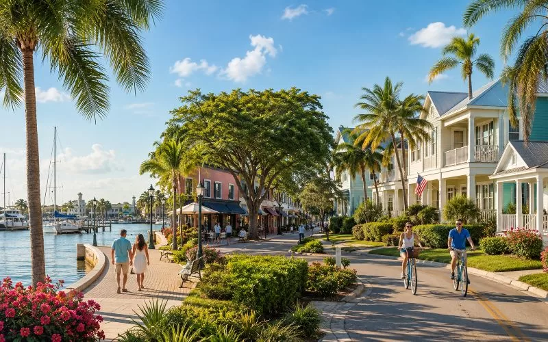 Sunny Florida coastal neighborhood with palm trees, waterfront homes, marina, cyclists, and a walkable downtown area.