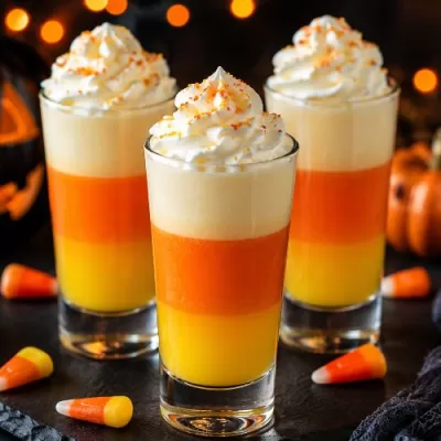 Halloween candy corn shooters topped with whipped cream and festive sprinkles served in layered orange, yellow, and white shot glasses.