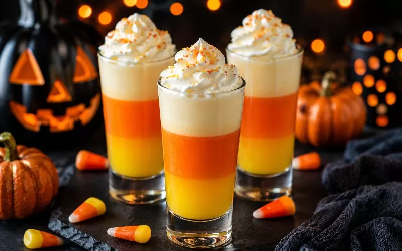 Halloween candy corn shooters topped with whipped cream and festive sprinkles served in layered orange, yellow, and white shot glasses.