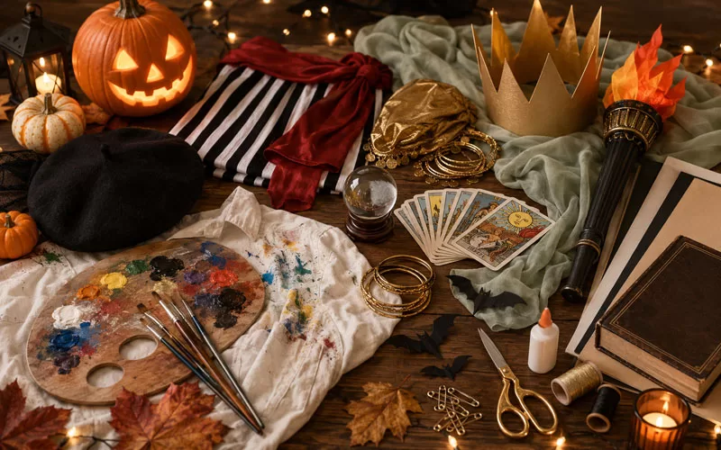 Halloween costume supplies arranged on a wooden table with a paint palette, paint-splattered shirt, beret, tarot cards, crown, torch, pumpkins, and candles.