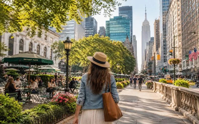 Woman walking through Bryant Park in New York City with Midtown skyscrapers, outdoor café seating, and a calm travel atmosphere for enjoying NYC without feeling overwhelmed.