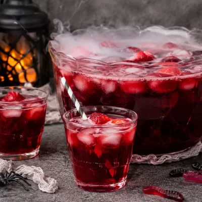 Halloween Blood Punch being poured into a glass with ice, strawberries, fog effects, gummy worms, and spooky Halloween decorations.