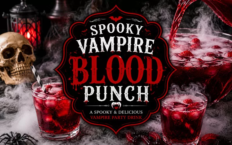 Featured image for Spooky Vampire Blood Punch featuring a red Halloween punch with fog, skull decorations, spooky styling, and gothic text overlay.
