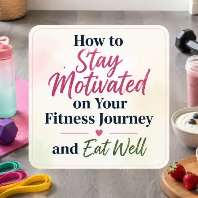 Fitness journey graphic with colorful workout gear, resistance bands, dumbbells, protein smoothie, yogurt bowl, fruit, and the phrase stay motivated on your fitness journey and eat well.