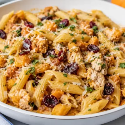 Creamy pumpkin pasta with turkey, dried cranberries, parmesan cheese, and fresh herbs served in a white bowl.