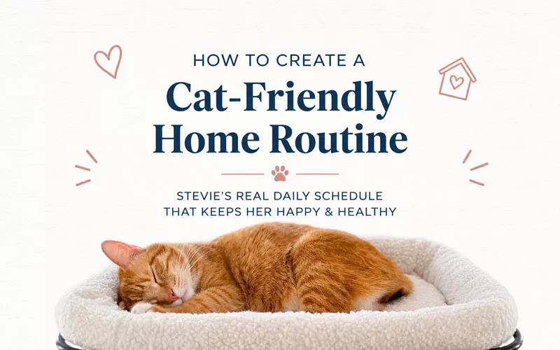 Orange cat resting on a plush window perch with centered text about creating a cat-friendly home routine.