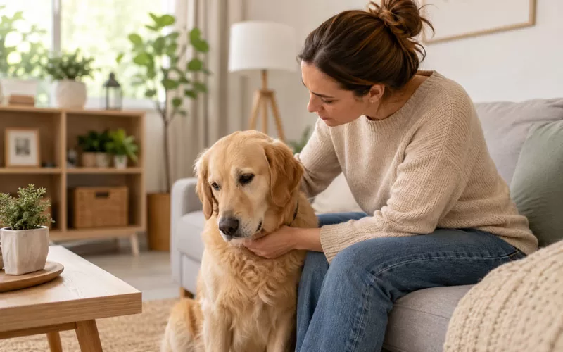 Pet owner sitting with a dog in a calm living room, gently holding the dog while looking concerned about its health.