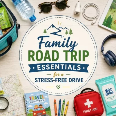 Family road trip essentials laid out neatly with snacks, water, headphones, tablet, map, first aid kit, wipes, chargers, and travel comfort items for a stress-free drive.