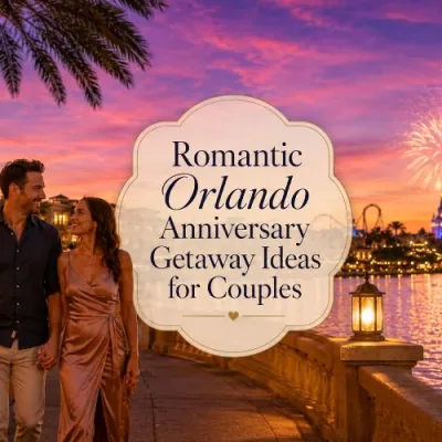 Featured image Romantic couple walking along an Orlando waterfront at sunset with fireworks, palm trees, and glowing evening lights.