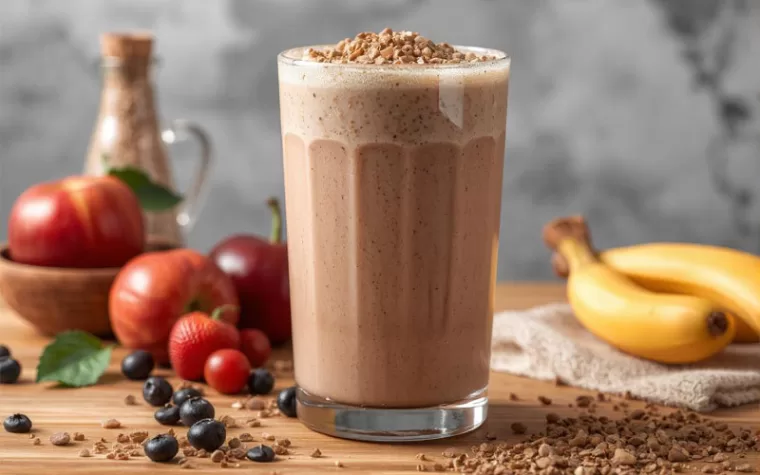 Creamy protein shake in a glass with fruit, bananas, berries, oats, and granola on a wooden counter.