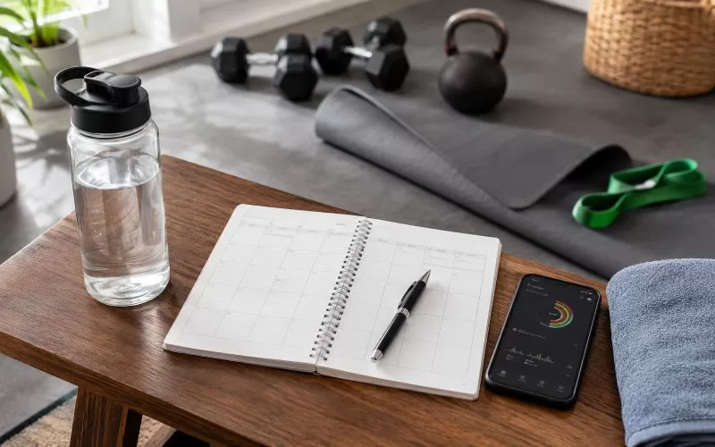 Structured exercise planning setup with a workout notebook, fitness app, water bottle, dumbbells, kettlebell, resistance band, and yoga mat in a home gym.
