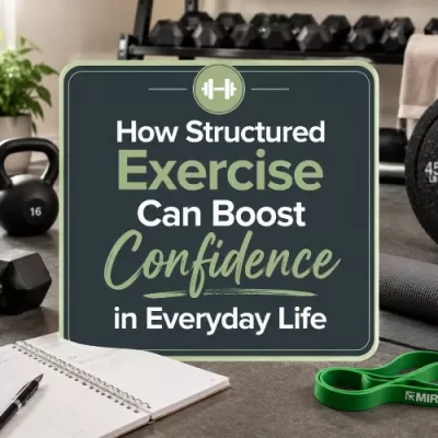 Structured exercise featured graphic with home gym equipment, dumbbells, weight plates, resistance band, workout notebook, and confidence-building fitness message.