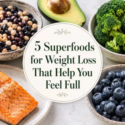Five superfoods for weight loss arranged around centered title text, including beans, avocado, salmon, blueberries, and broccoli.