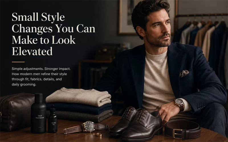 Men’s fashion and grooming graphic featuring stylish accessories and tips for elevating personal style with small wardrobe changes