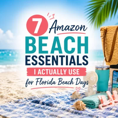 Beach essentials for Florida beach days including a straw tote, sunscreen, tumbler, towel, sunglasses, and beach accessories on the sand with ocean background