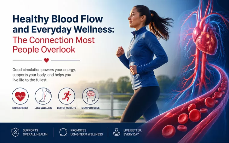 Health and wellness infographic showing healthy blood flow, a woman jogging, and circulation benefits for overall wellness