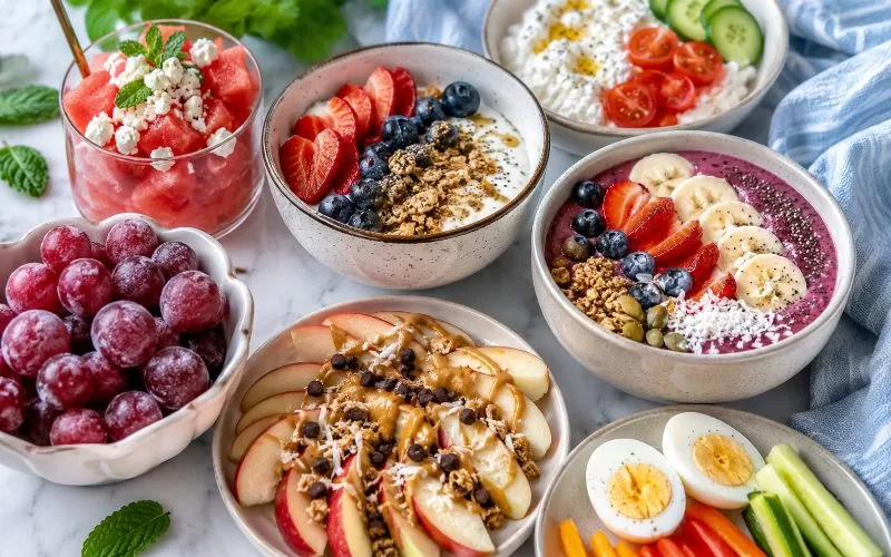 Healthy summer snack spread featuring smoothie bowls, frozen grapes, yogurt bowls, watermelon feta cups, apple nachos, and fresh vegetables on a marble table.