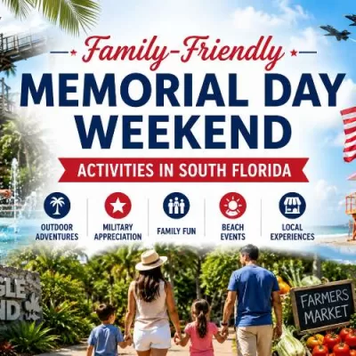Family-friendly Memorial Day weekend activities in South Florida featuring Jungle Island, Treewalk Village, beach events, military appreciation, farmers markets, and outdoor family fun.