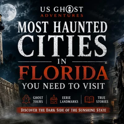Dark cinematic hero image for Most Haunted Cities in Florida featuring a haunted lighthouse, historic fort, eerie city building, and ghostly statue at night.