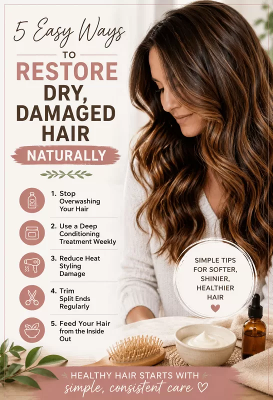 Pinterest graphic featuring healthy brunette hair and five easy tips to restore dry, damaged hair naturally with beauty and hair care illustrations.