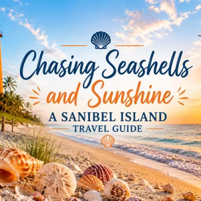 Featured image for a Sanibel Island travel guide showing seashells on the beach, a lighthouse, tropical sunset, and centered coastal typography without a background box.