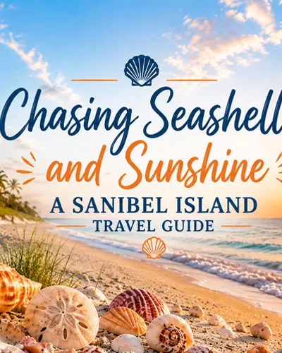 Featured image for a Sanibel Island travel guide showing seashells on the beach, a lighthouse, tropical sunset, and centered coastal typography without a background box.