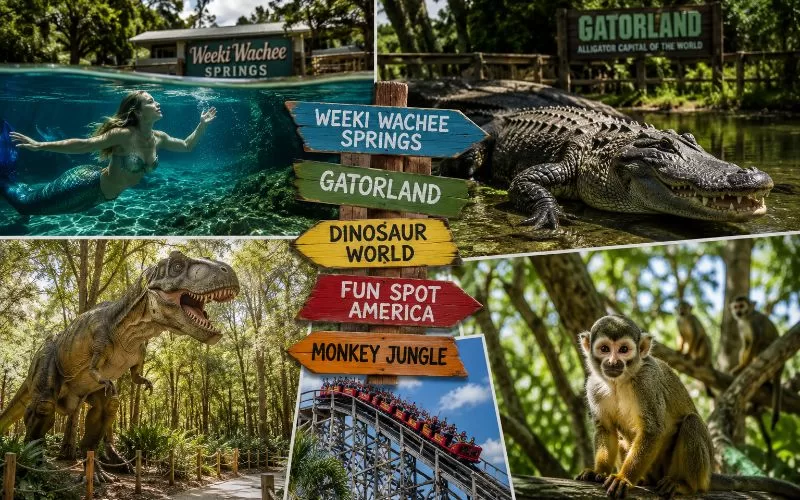 Colorful collage featuring a mermaid, alligator, dinosaur, monkey, and roller coaster representing quirky Florida attractions.