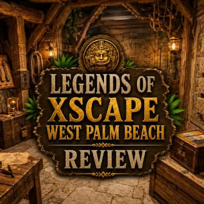 Adventure-themed escape room scene with carved temple walls, lanterns, puzzle details, and the words Legends of Xscape West Palm Beach Review.