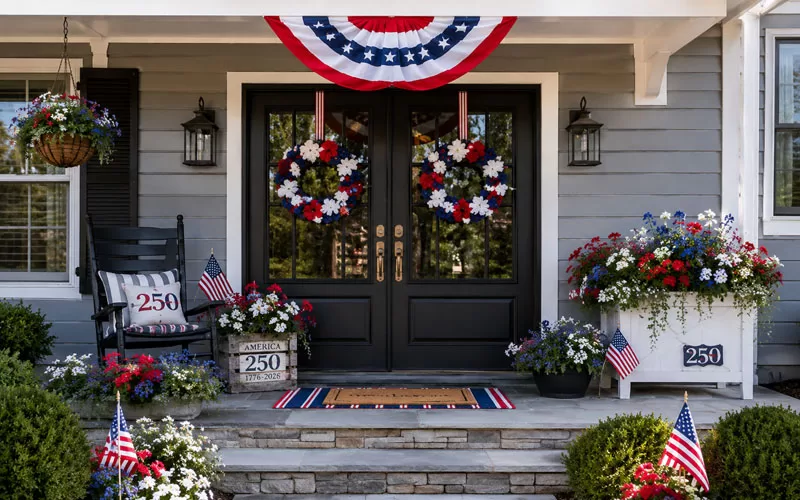 Gray front porch with black double doors, patriotic wreaths, American flags, red white and blue flowers, and America 250 decor.