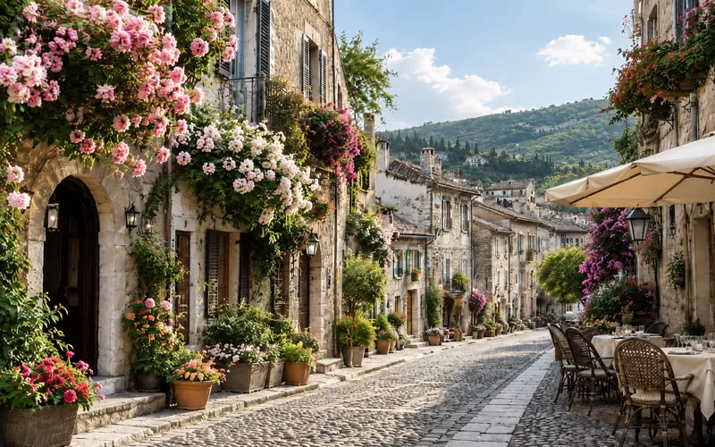 Cobblestone street in a charming European village with flowers, café tables, stone buildings, and green hills in the background
